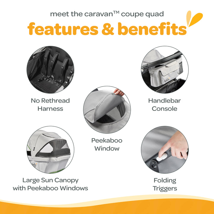 Larktale Caravan Coupe Quad Compact Stroller Reclining 4-Seat Wagon, Gray/Green - VMInnovations