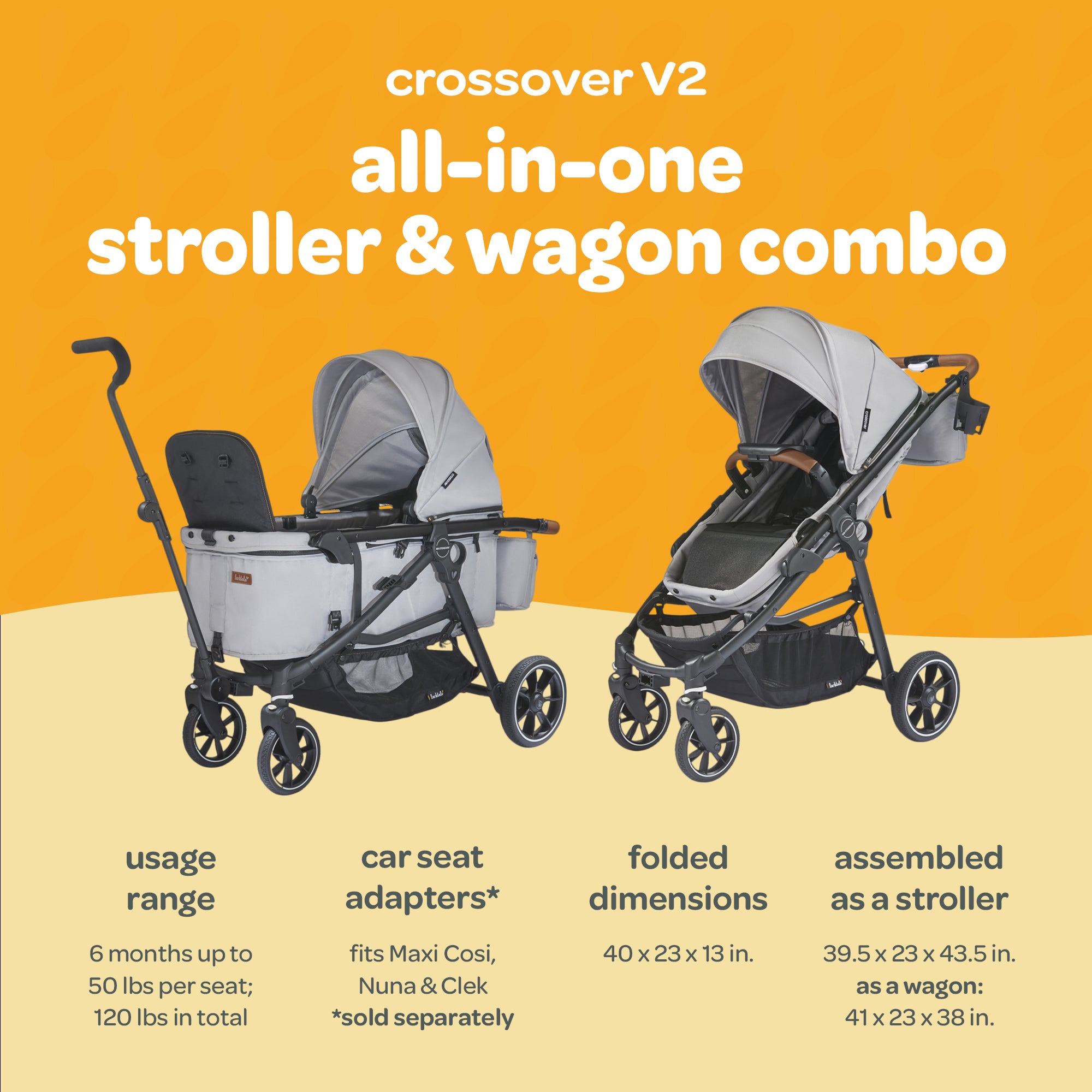 Larktale Crossover V2 All-In-One Stroller 2 Seater Wagon, 120 lb Capacity, Gray - VMInnovations