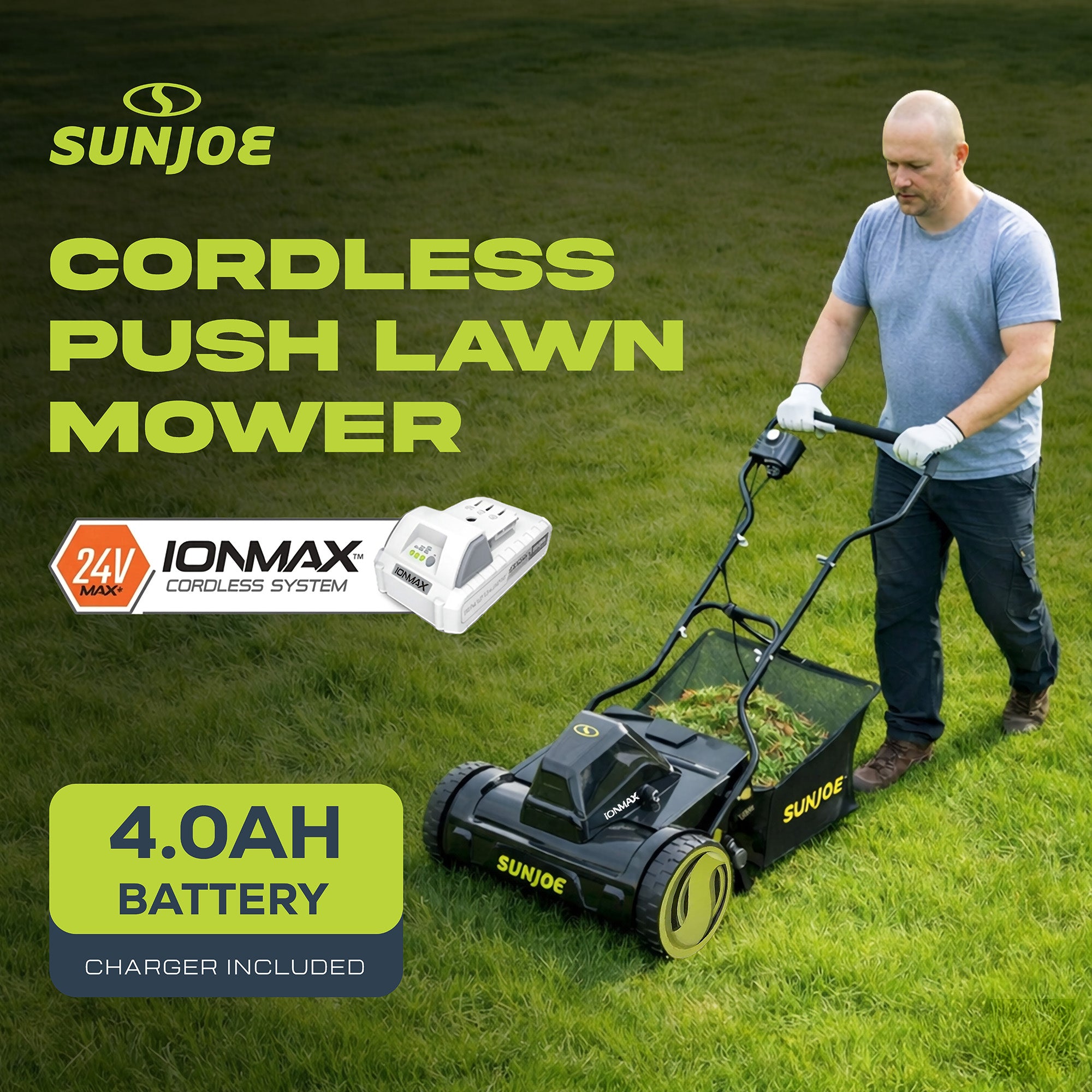 Sun Joe Cordless Push Reel Mower, 15” Yard Trimmer w/ Collection Bag, 24V-CRLM15