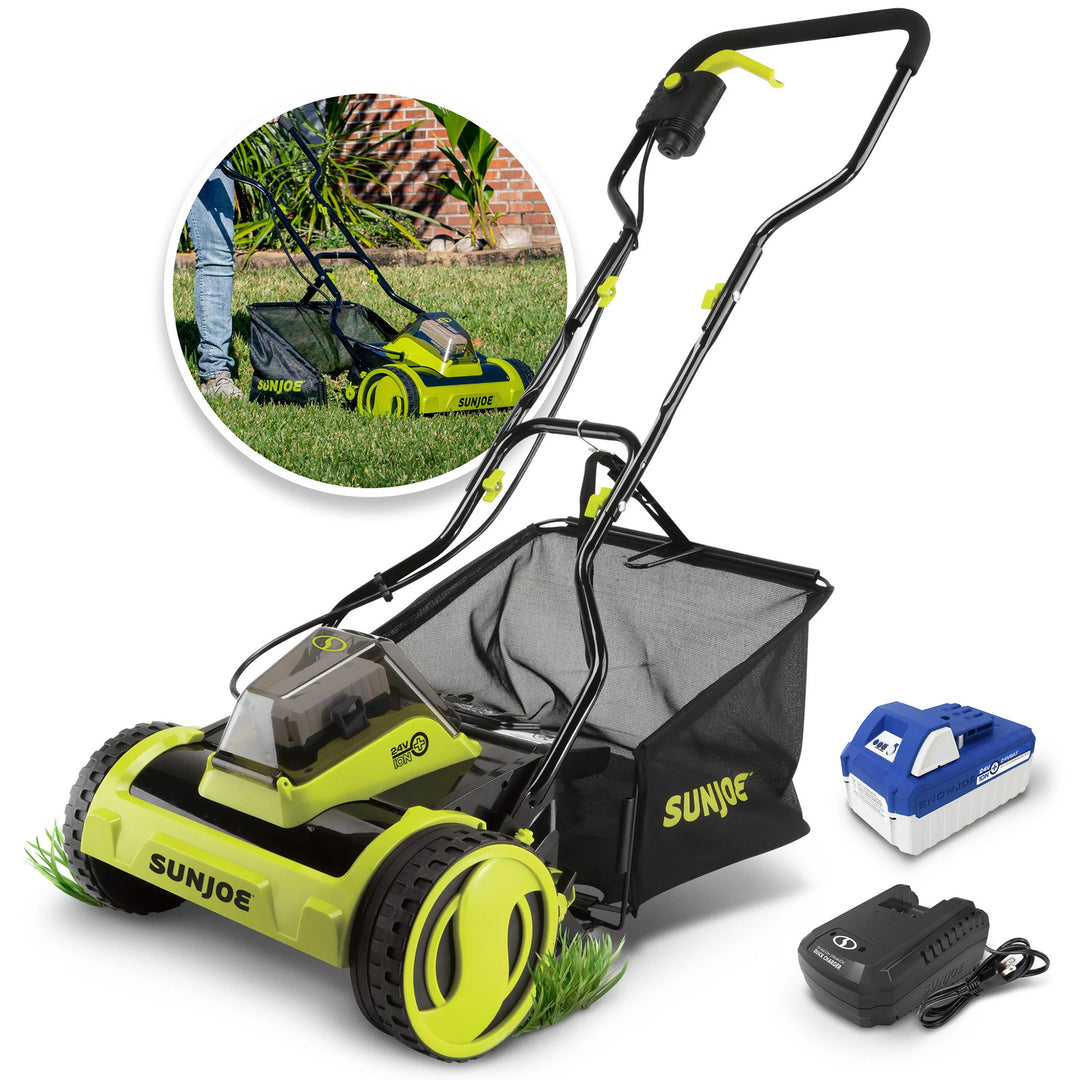 Sun Joe Cordless Push Reel Lawn Mower, 15” Yard Trimmer w/ Collection Bag, Green