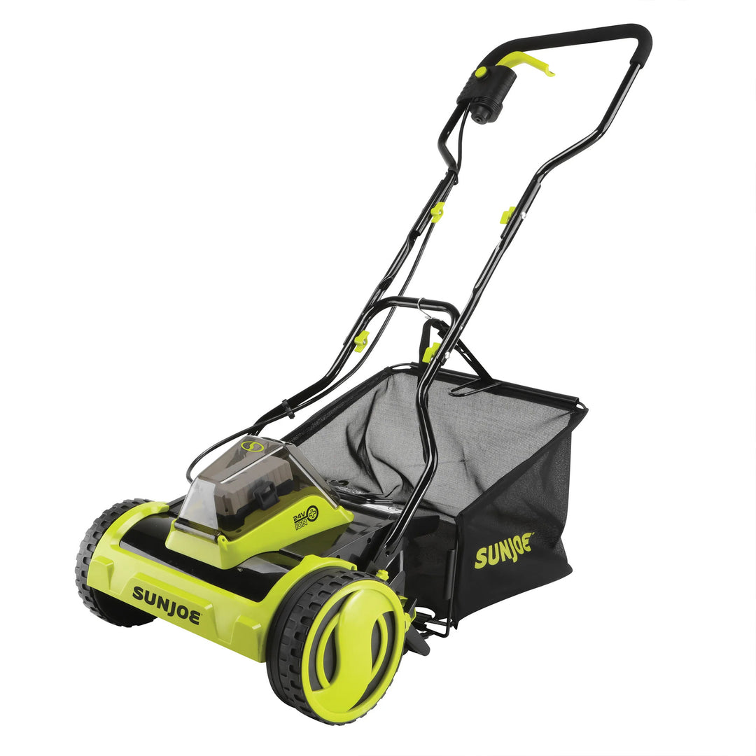 Sun Joe Cordless Push Reel Lawn Mower, 15” Yard Trimmer w/ Bag, Green(Open Box)