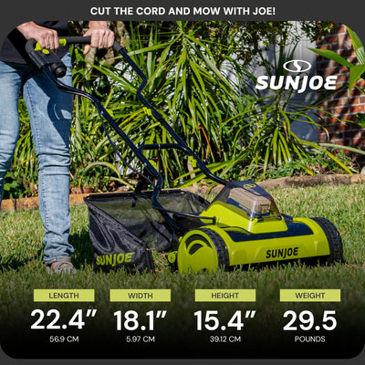 Sun Joe Cordless Push Reel Lawn Mower, 15” Yard Trimmer w/ Bag, Green(Open Box)