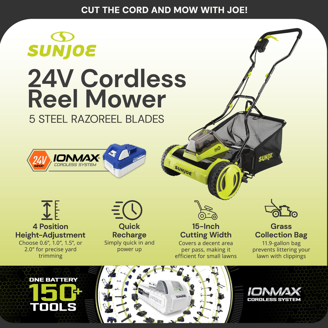 Sun Joe Cordless Push Reel Mower, 15” Yard Trimmer w/ Collection Bag, 24V-CRLM15