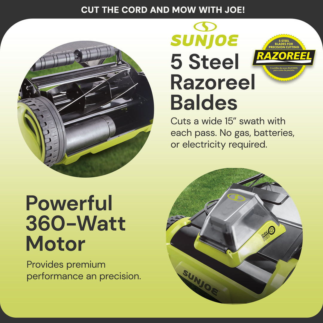 Sun Joe Cordless Push Reel Mower, 15” Yard Trimmer w/ Collection Bag, 24V-CRLM15
