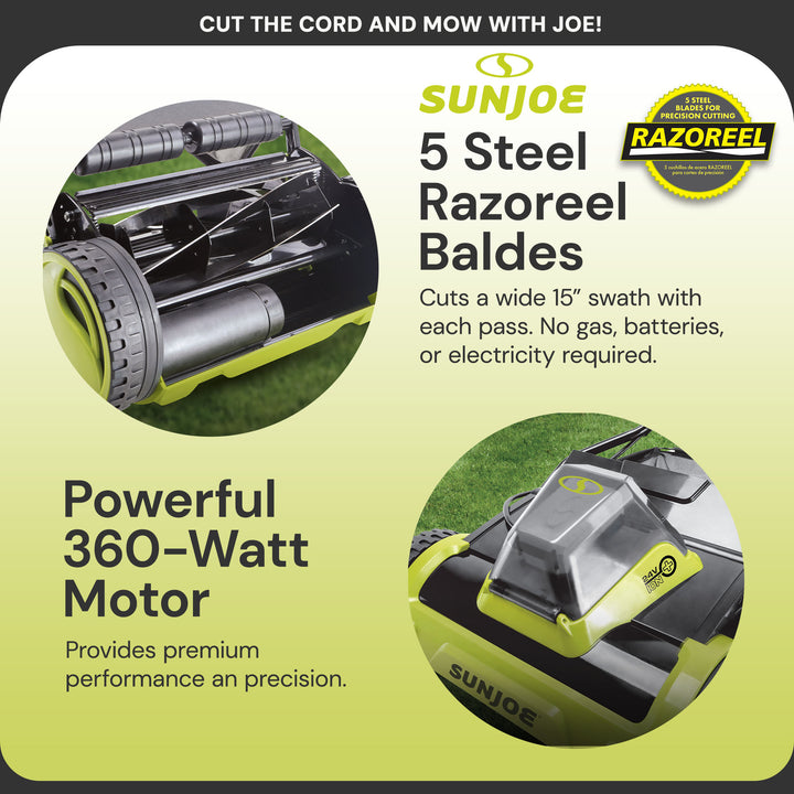 Sun Joe Cordless Push Reel Lawn Mower, 15” Yard Trimmer w/ Bag, Green(Open Box)