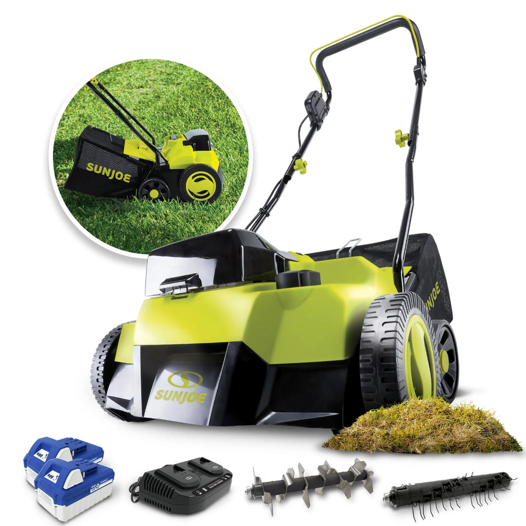 Sun Joe Cordless Scarifier & Dethatcher, Brushless Motor, 2 24V 4.0Ah Batteries