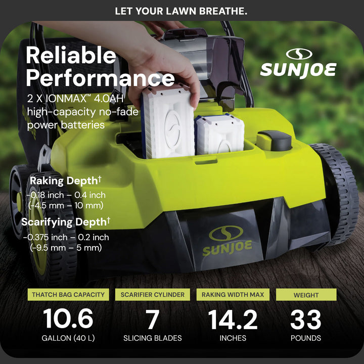 Sun Joe Cordless Scarifier & Dethatcher, Brushless Motor, 2 24V 4.0Ah(Used)