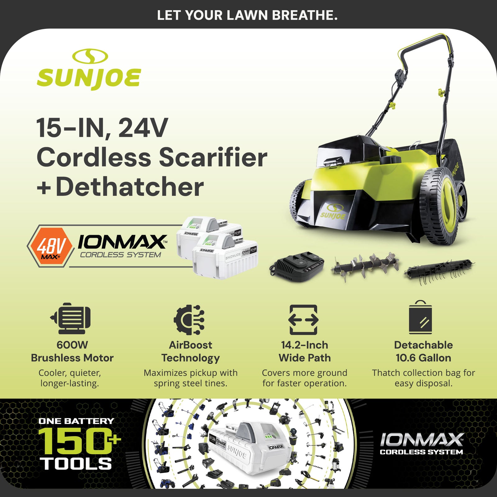 Sun Joe Cordless Scarifier & Dethatcher, Brushless Motor, 2 24V 4.0Ah(Used) - VMInnovations