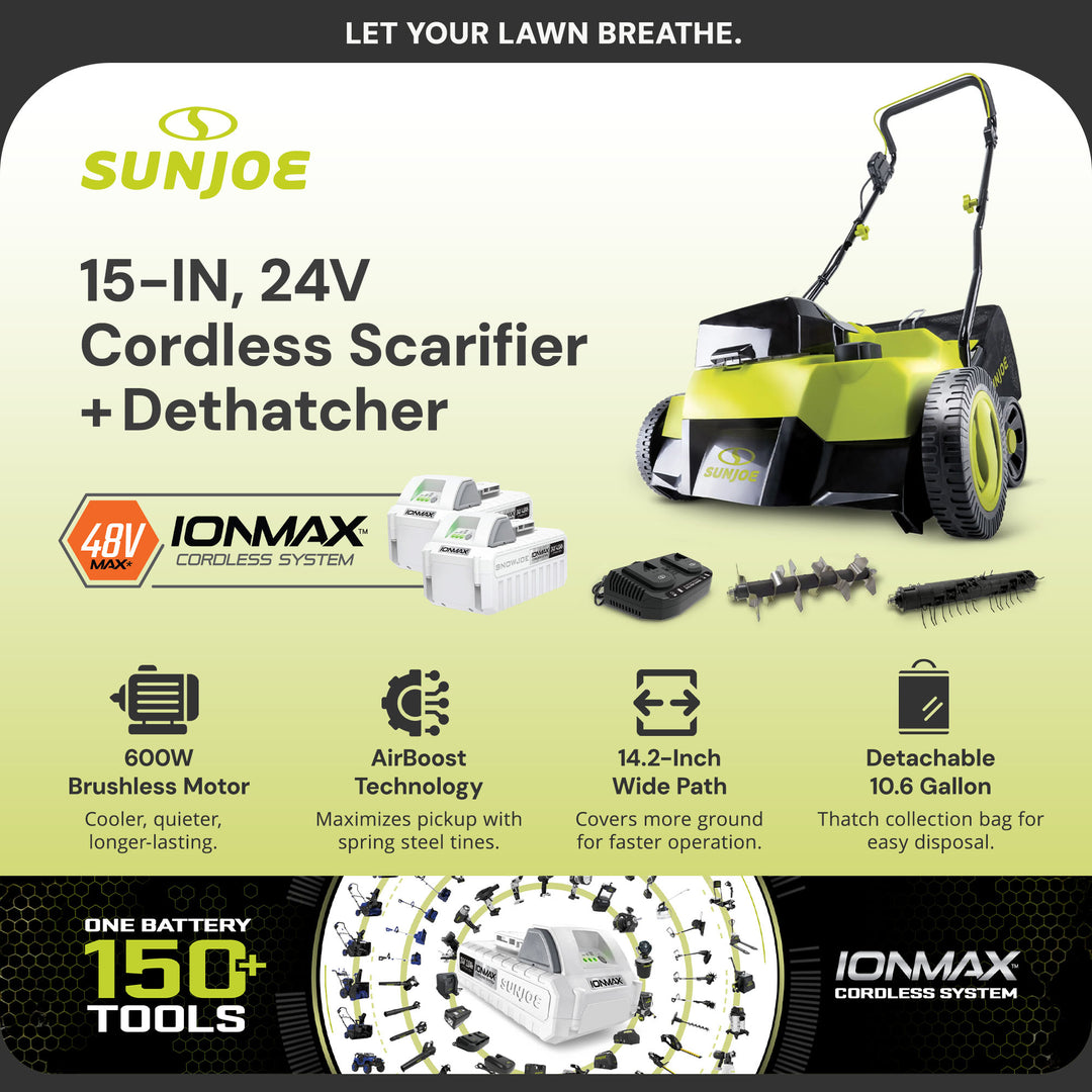 Sun Joe Cordless Scarifier & Dethatcher, Brushless Motor, 2 24V 4.0Ah(Used)