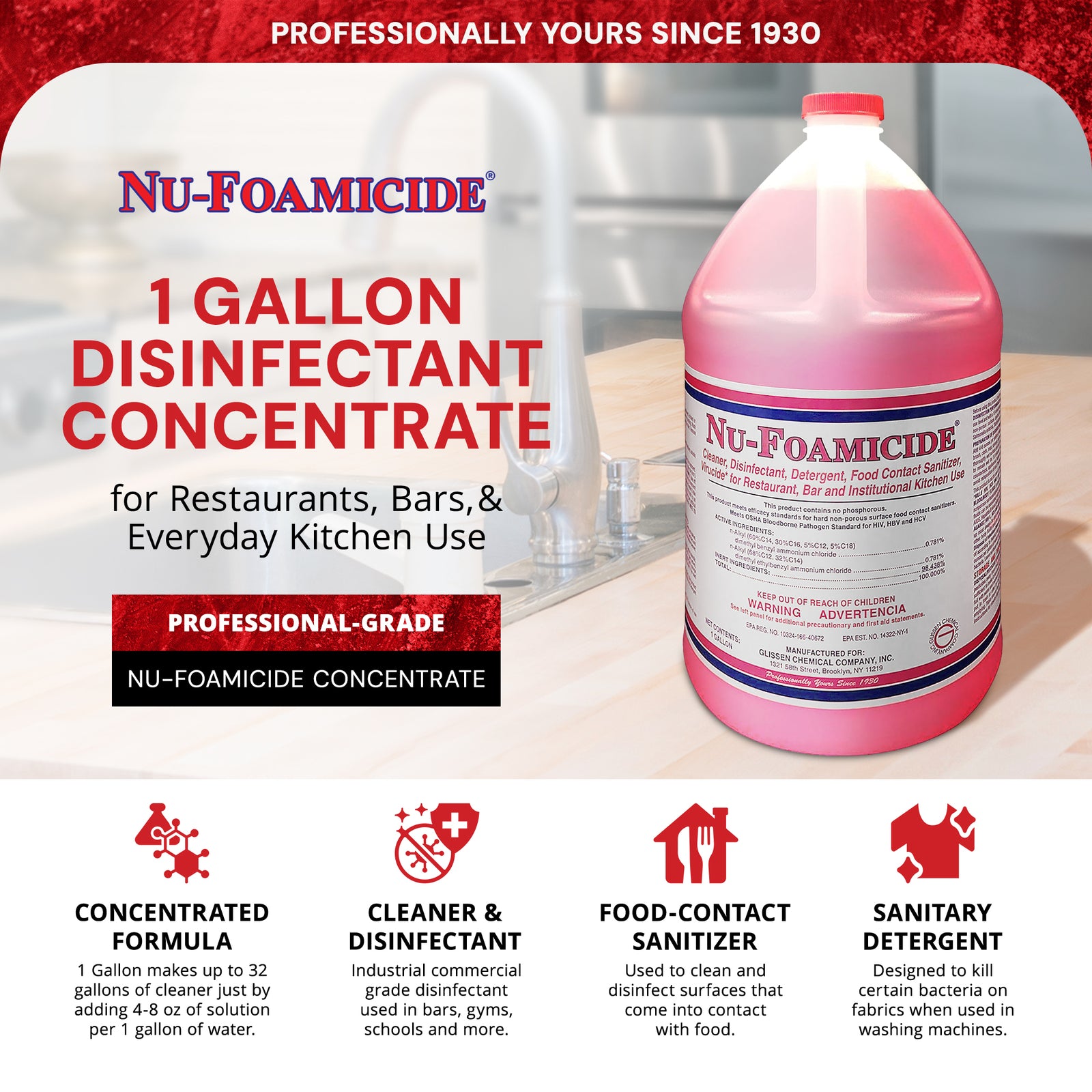 Glissen Nu-Foamicide Cleaner Concentrate, Industrial & Commercial, 1 Gal, 300048 - VMInnovations