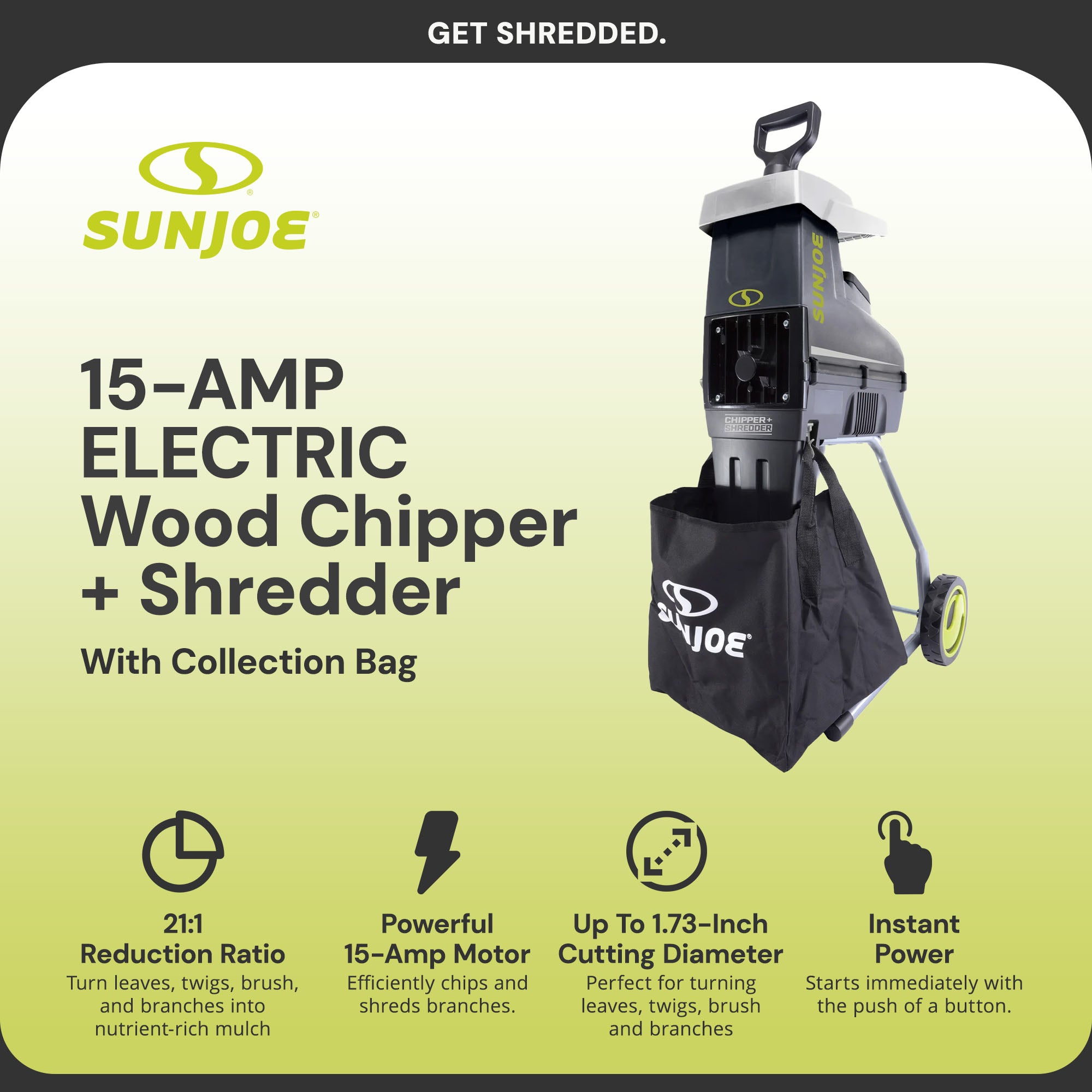Sun Joe Silent Wood Chipper Shredder, 15Amp Machine with 1.7" Diameter(Open Box) - VMInnovations