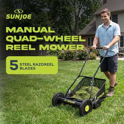 Sun Joe Manual Push Reel Lawn Mower, 20” Yard Trimmer with Grass Catcher, MJ502M