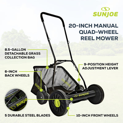 Sun Joe Manual Push Reel Lawn Mower, 20” Yard Trimmer with Grass Catcher, MJ502M