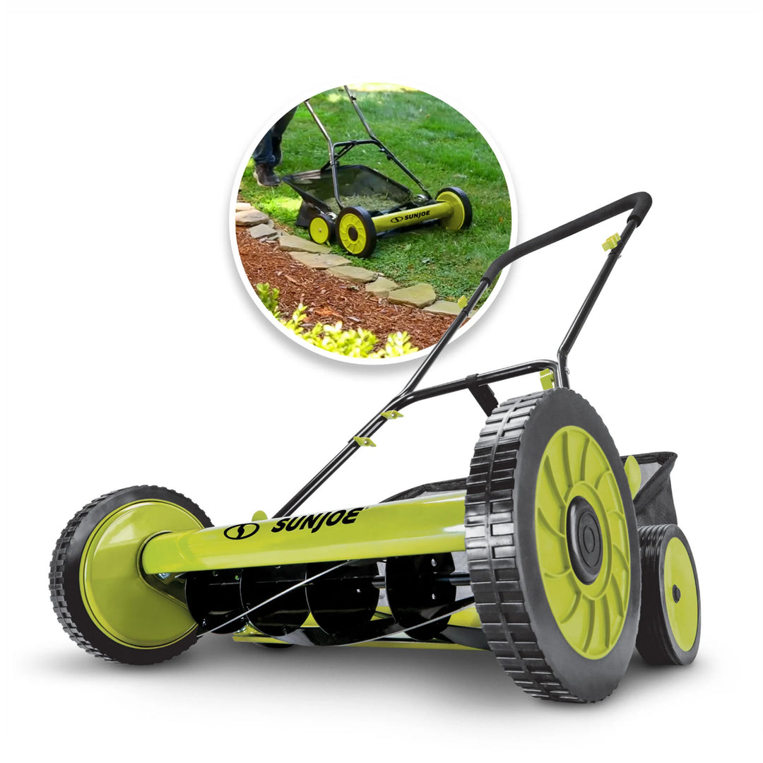 Sun Joe Manual Push Reel Lawn Mower, 20” Yard Trimmer with Grass Catcher, Green