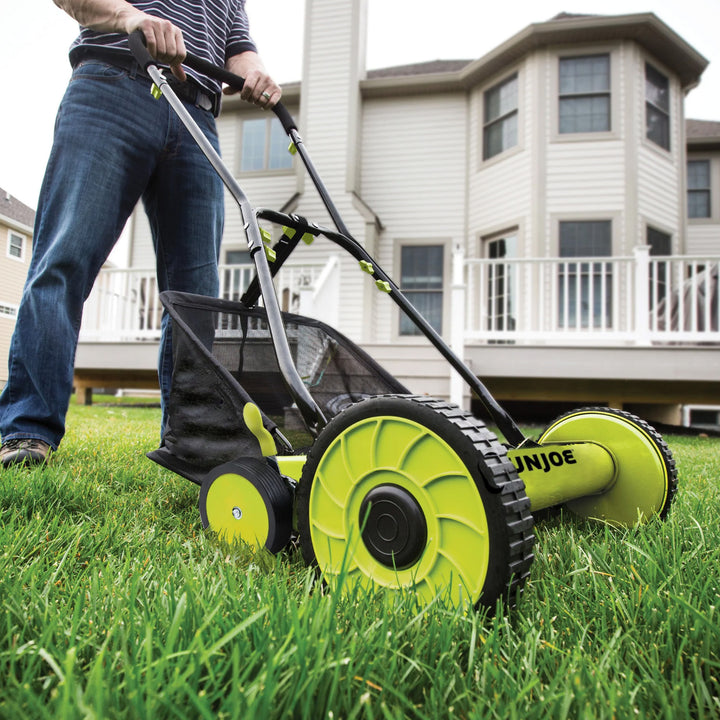 Sun Joe Manual Push Reel Lawn Mower, 20” Yard Trimmer with Grass Catcher, Green