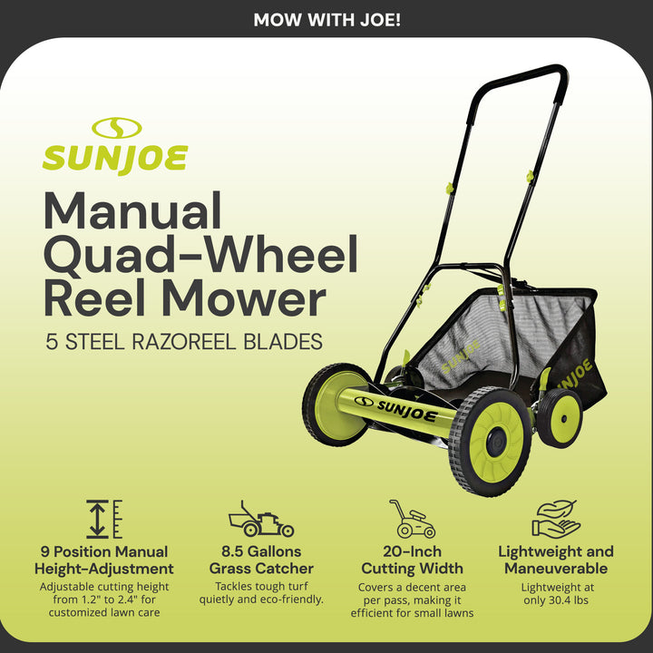 Sun Joe Manual Push Reel Lawn Mower, 20” Yard Trimmer with Grass Catcher, MJ502M