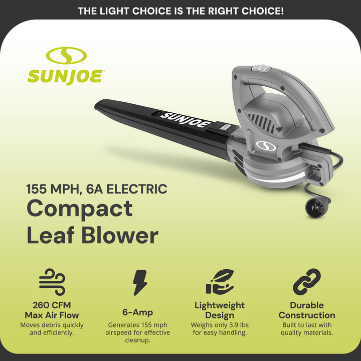 Sun Joe Electric All Purpose Leaf Blower, 6 Amp Motor, 155 MPH Air Speed, Gray