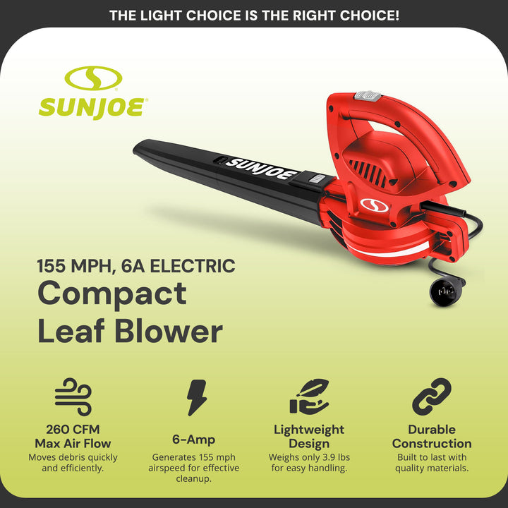Sun Joe Electric All Purpose Leaf Blower, 6 Amp Motor, 155 MPH Air Speed, Red