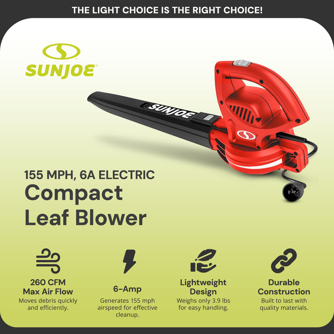 Sun Joe Electric Leaf Blower, 6 Amp Motor, 155 MPH Air Speed, Red (Open Box)