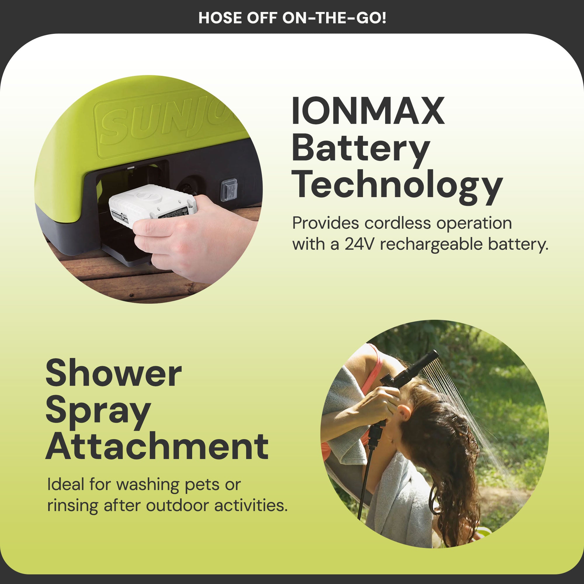 Sun Joe 24V IONMAX Cordless Sink/Shower Spray Washer Kit with Battery, WA24C-LTE