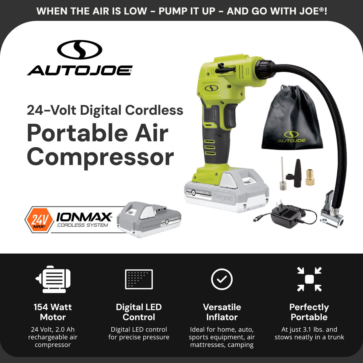 Sun Joe Auto Joe Air Compressor, Cordless Tire Inflator Pump, Green (Open Box)
