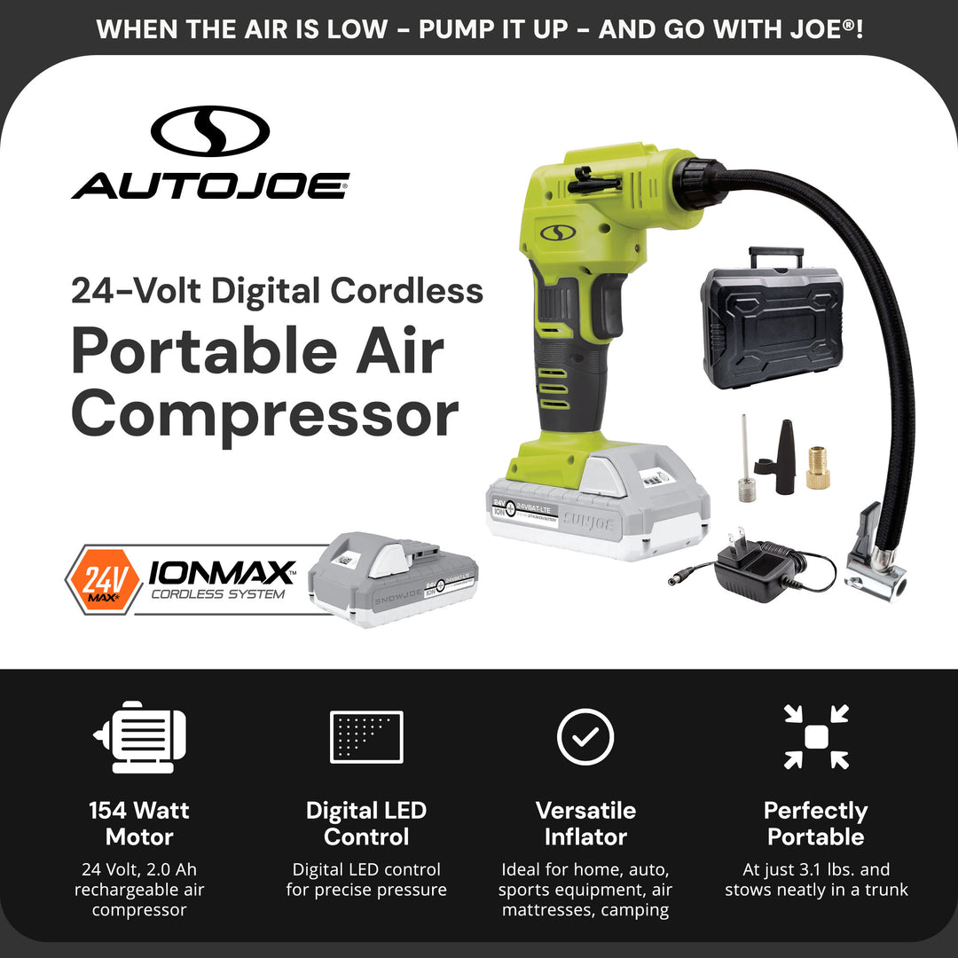 Sun Joe Auto Joe Portable Air Compressor, Cordless Tire Inflator Pump, Green