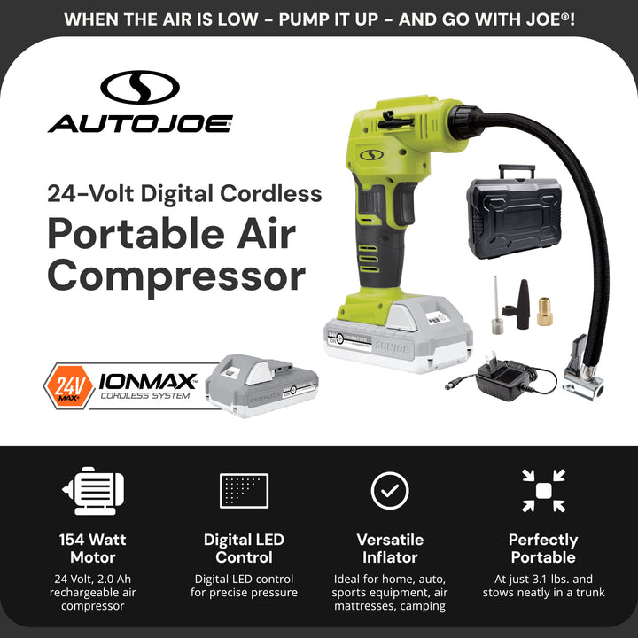 Sun Joe Auto Joe Portable Air Compressor, Cordless Tire Inflator Pump, Green