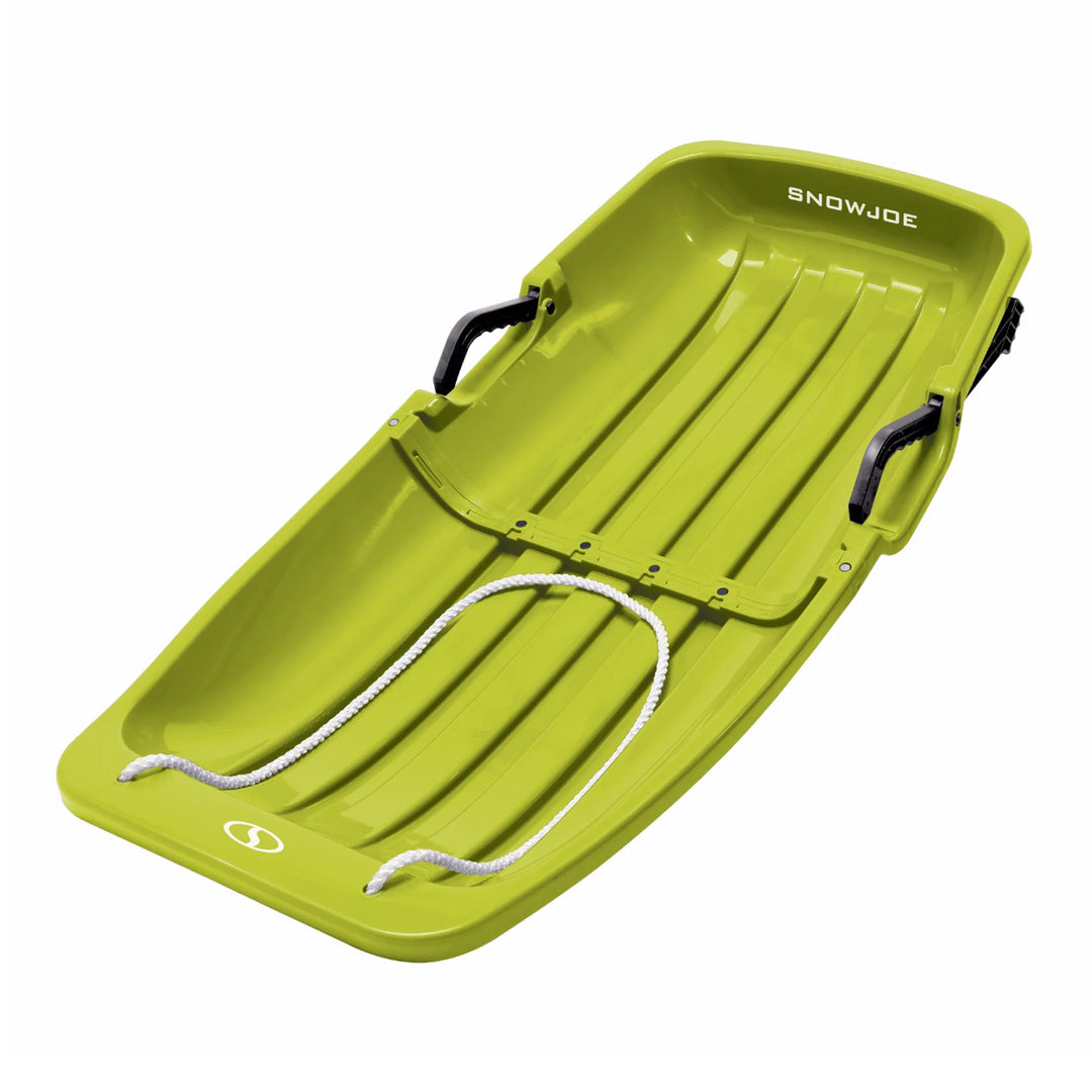 Snow Joe Plastic Snow Sled, 34” Sledding Toboggan Board w/ Handles & Rope, Green