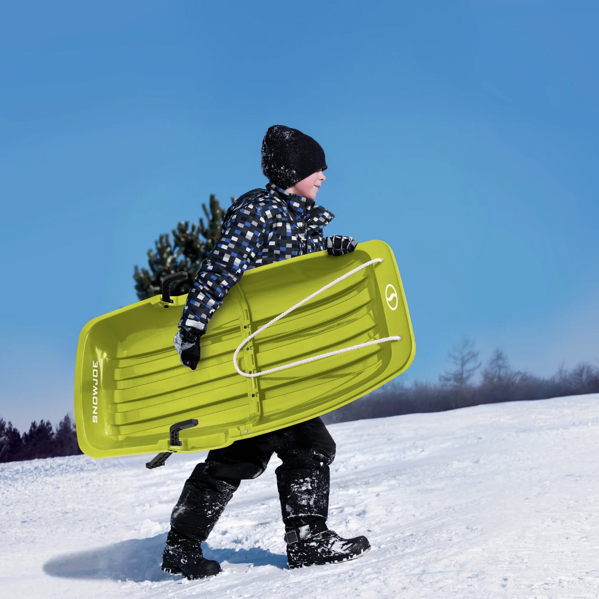 Snow Joe Snow Sled, 34” Toboggan Board w/Handles & Rope, Green (Open Box)