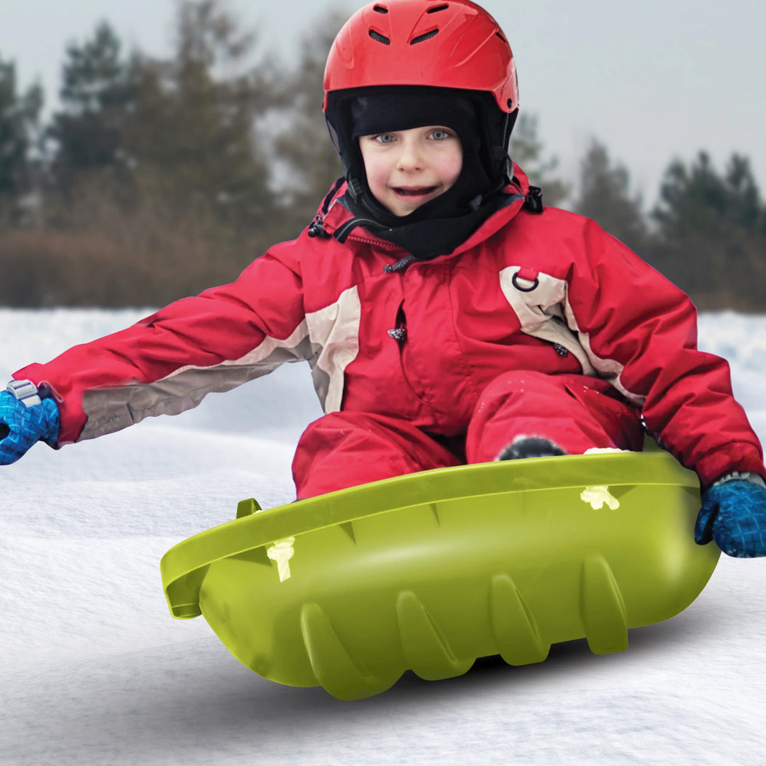 Snow Joe Plastic Snow Sled, 34” Sledding Toboggan Board w/ Handles & Rope, Green