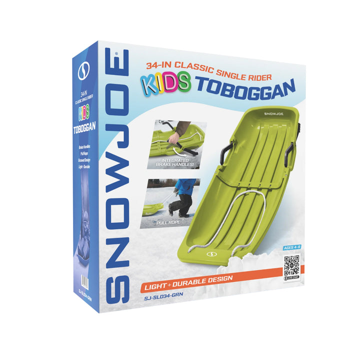 Snow Joe Snow Sled, 34” Toboggan Board w/Handles & Rope, Green (Open Box) - VMInnovations