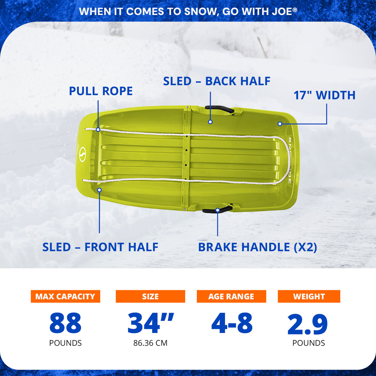 Snow Joe Plastic Snow Sled, 34” Sledding Toboggan Board w/ Handles, SJ-SLD34-GRN