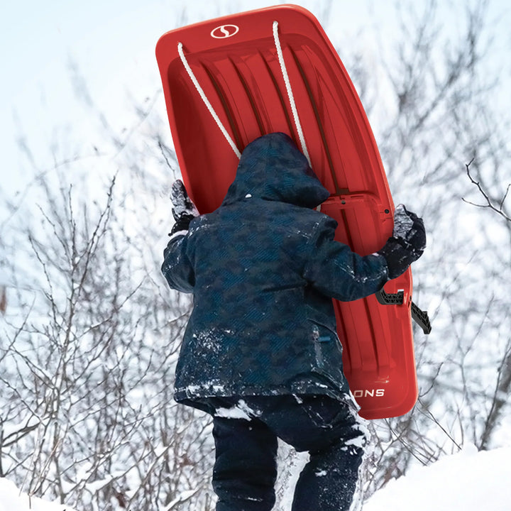 Snow Joe Plastic Snow Sled, 34” Sledding Toboggan Board w/ Handles & Rope, Red