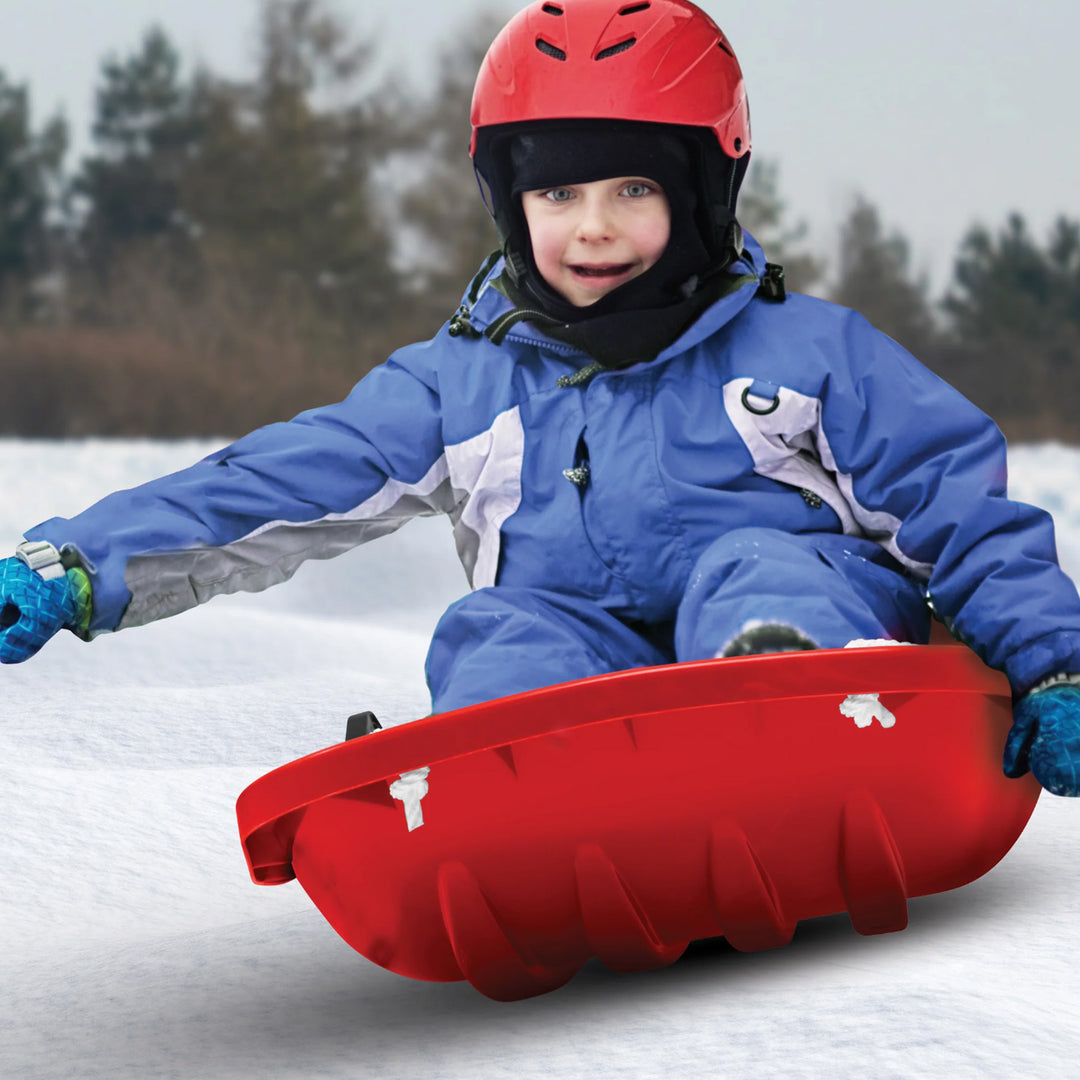 Snow Joe Plastic Snow Sled, 34” Sledding Toboggan Board w/ Handles & Rope, Red