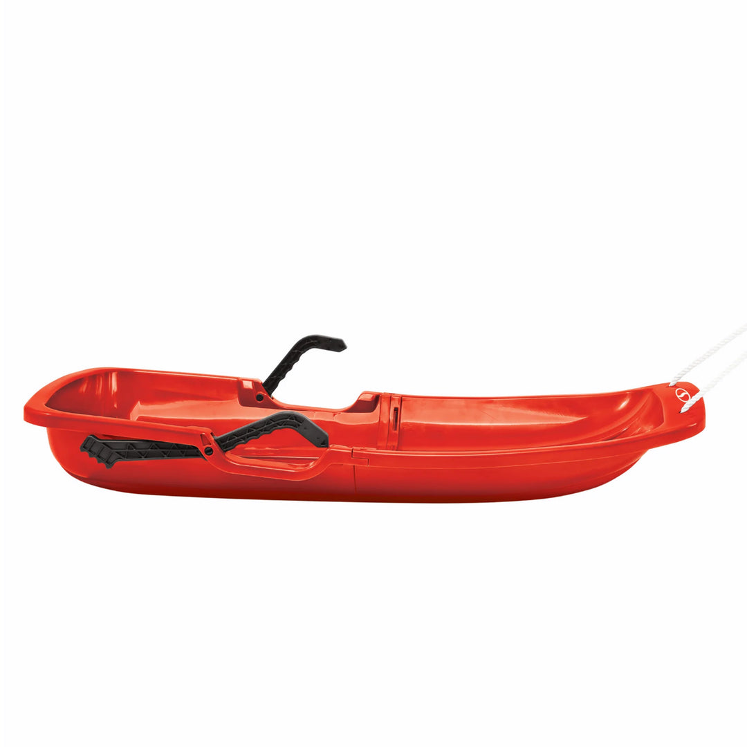 Snow Joe Plastic Snow Sled, 34” Sledding Toboggan Board w/ Handles & Rope, Red