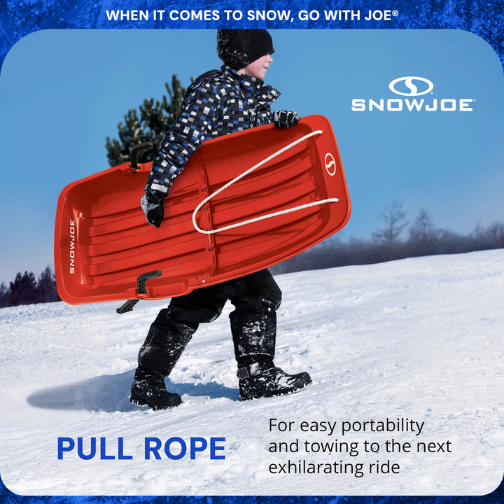 Snow Joe Plastic Snow Sled, 34” Toboggan Board w/ Handles & Rope, Red (Open Box) - VMInnovations
