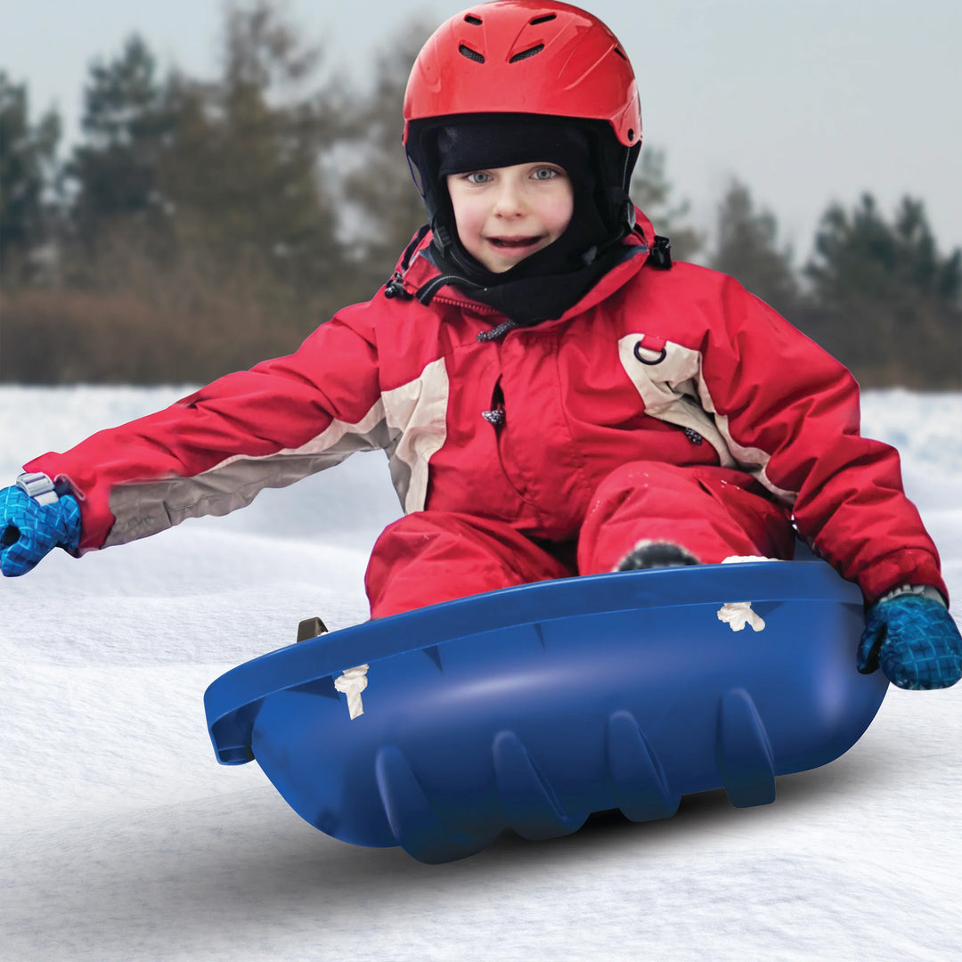 Snow Joe Plastic Snow Sled, 34” Sledding Toboggan Board w/ Handles & Rope, Blue