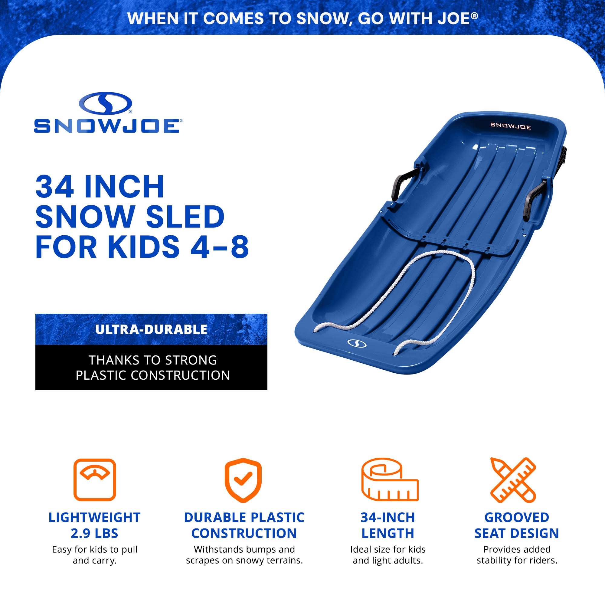 Snow Joe Plastic Snow Sled, 34” Sledding Toboggan w/ Handles & Rope, Blue (Used) - VMInnovations