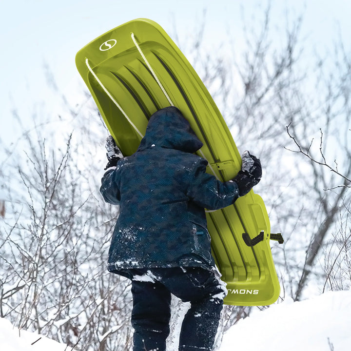 Snow Joe Plastic Snow Sled, 48” Sledding Toboggan Board w/ Handles & Rope, Green