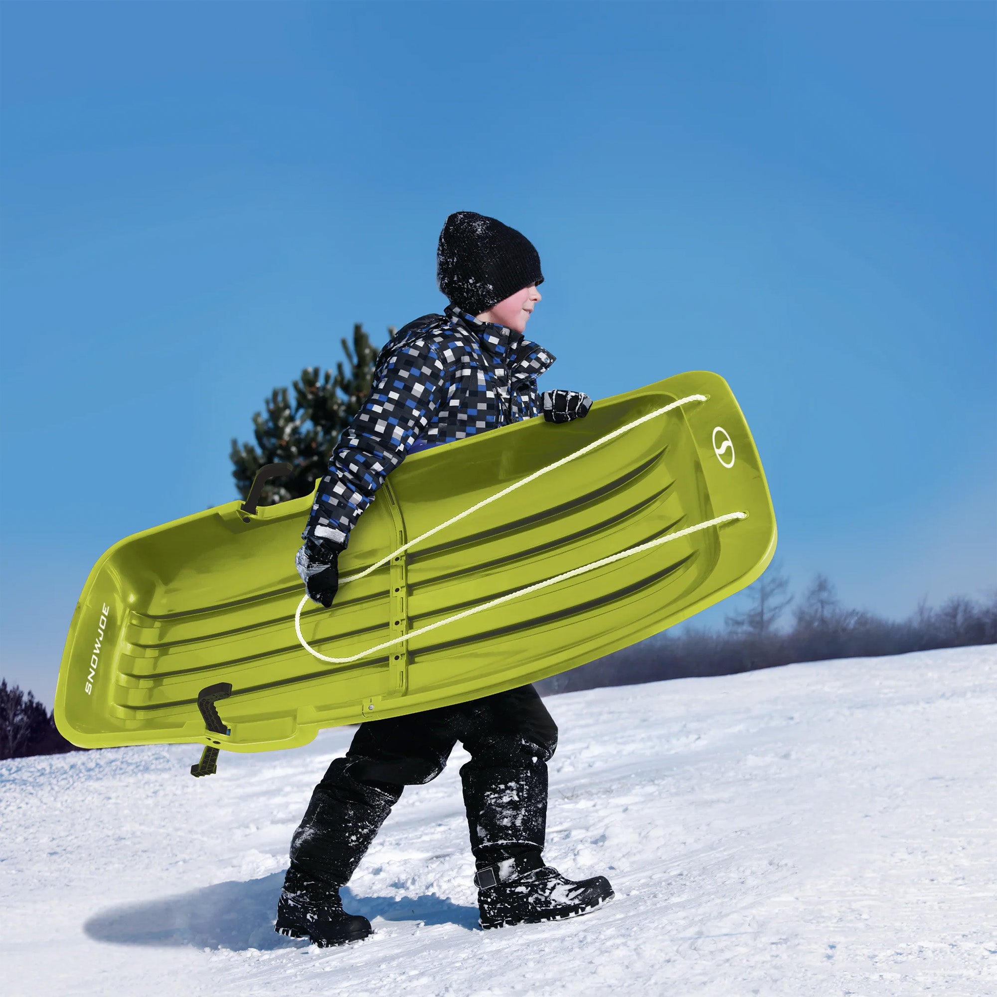 Snow Joe Plastic Snow Sled, 48” Toboggan Board w/ Handles & Rope, Green (Used) - VMInnovations