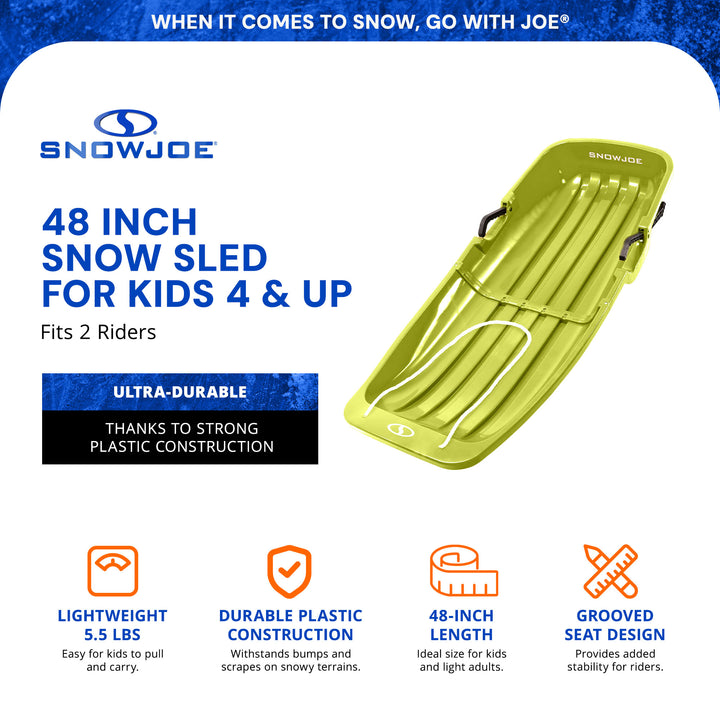 Snow Joe Plastic Snow Sled, 48” Toboggan w/ Handles & Rope, Green (Open Box) - VMInnovations