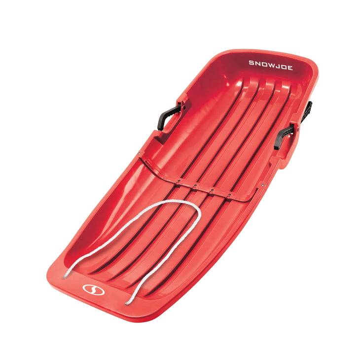 Snow Joe Plastic Snow Sled, 48” Sledding Toboggan Board w/ Handles & Rope, Red