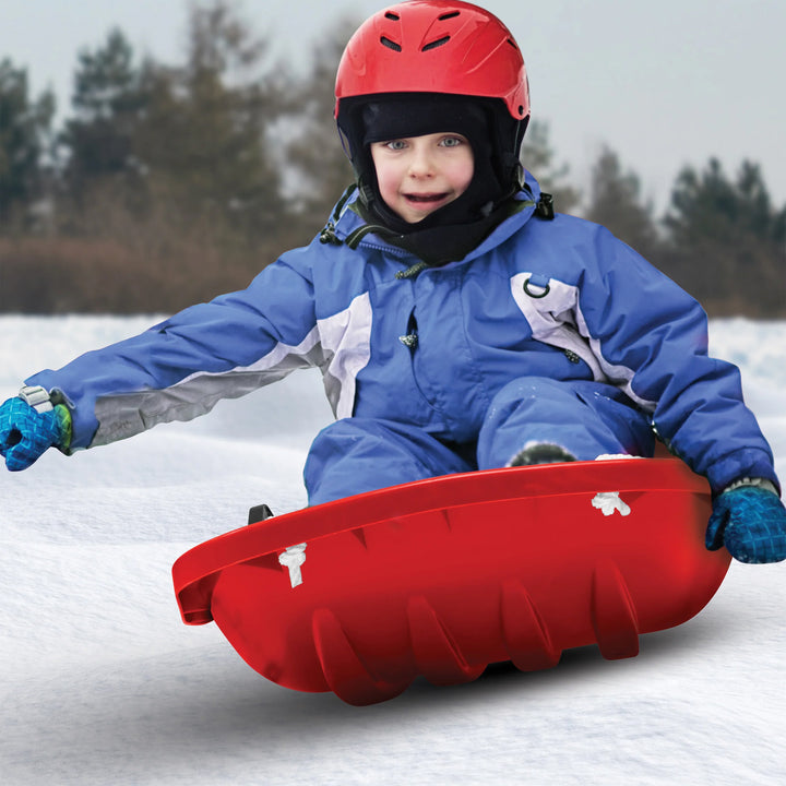 Snow Joe Plastic Snow Sled, 48” Sledding Toboggan Board w/ Handles & Rope, Red