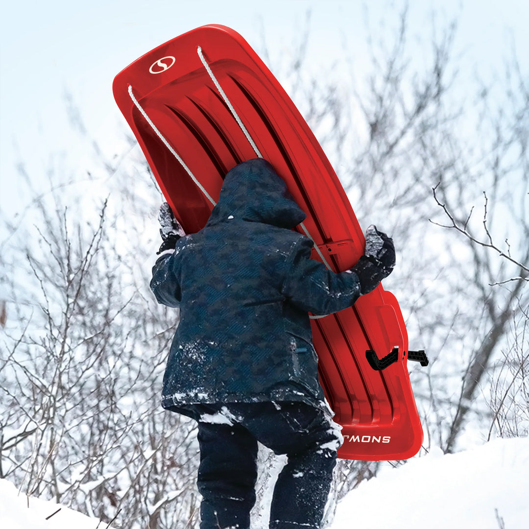 Snow Joe Plastic Snow Sled, 48” Sledding Toboggan Board w/ Handles & Rope, Red