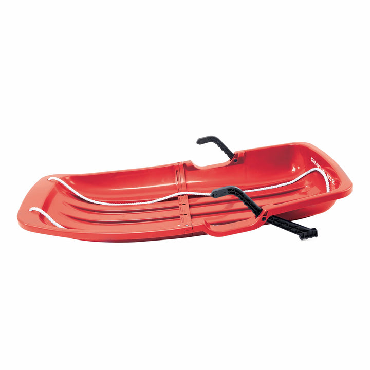 Snow Joe Plastic Snow Sled, 48” Sledding Toboggan Board w/ Handles & Rope, Red