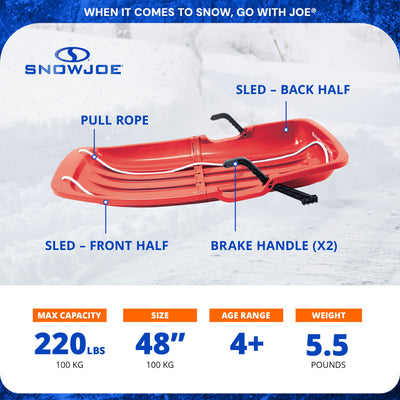 Snow Joe Plastic Snow Sled, 48” Sledding Toboggan Board w/ Handles, SJ-SLD48-RED - VMInnovations
