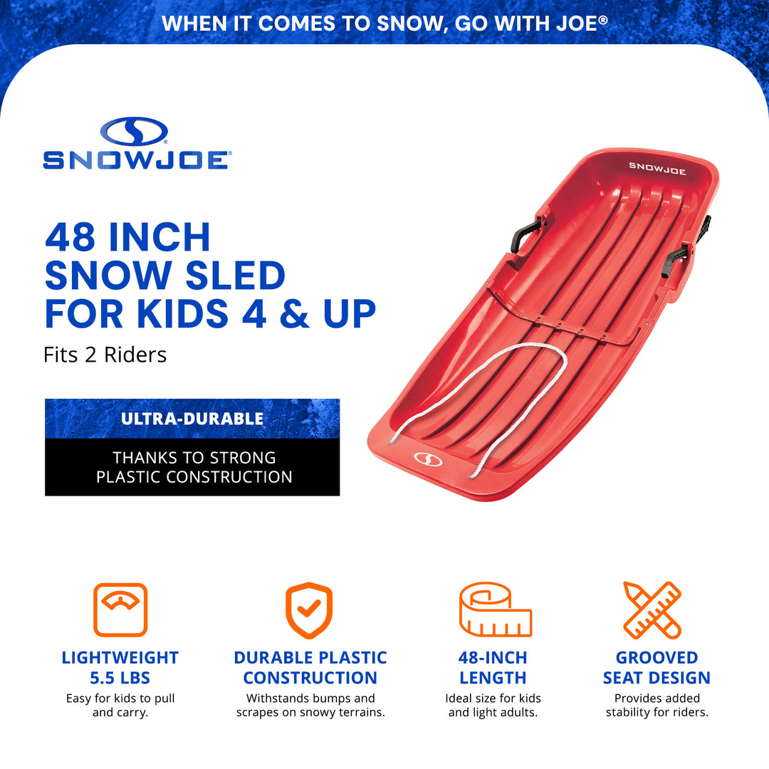 Snow Joe Plastic Snow Sled, 48” Toboggan Board w/ Handles & Rope, Red (Used)