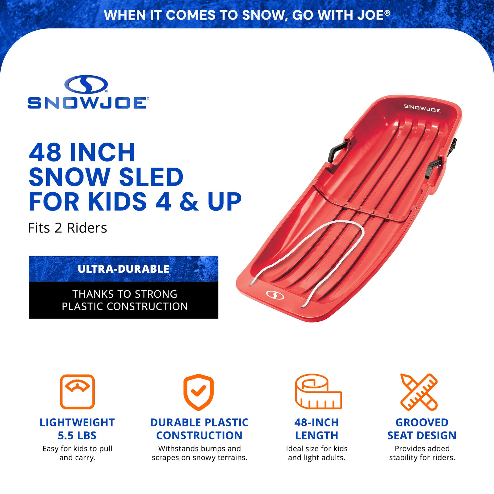 Snow Joe Snow Sled, 48” Sledding Toboggan Board w/Handles & Rope, Red (Open Box) - VMInnovations