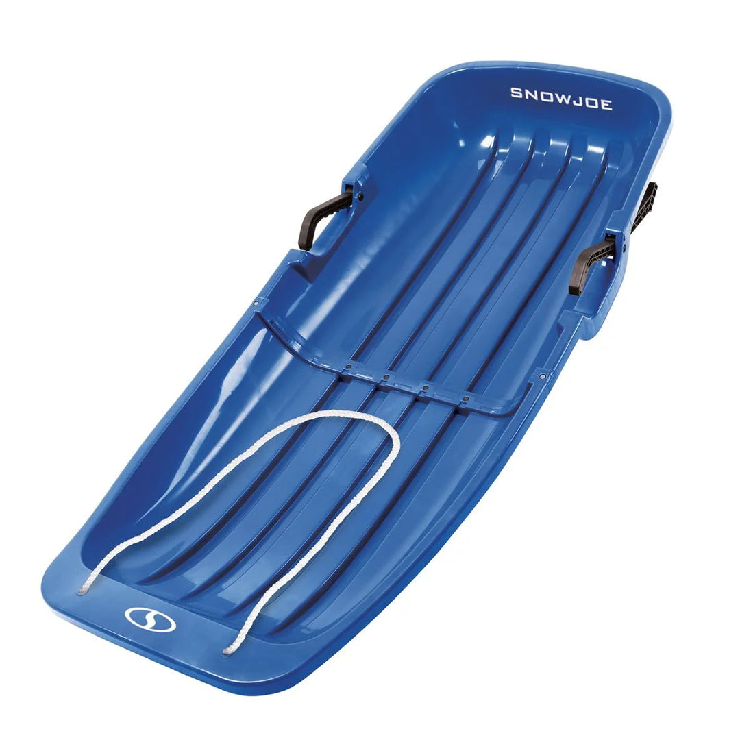 Snow Joe Plastic Snow Sled, 48” Sledding Toboggan Board w/ Handles & Rope, Blue