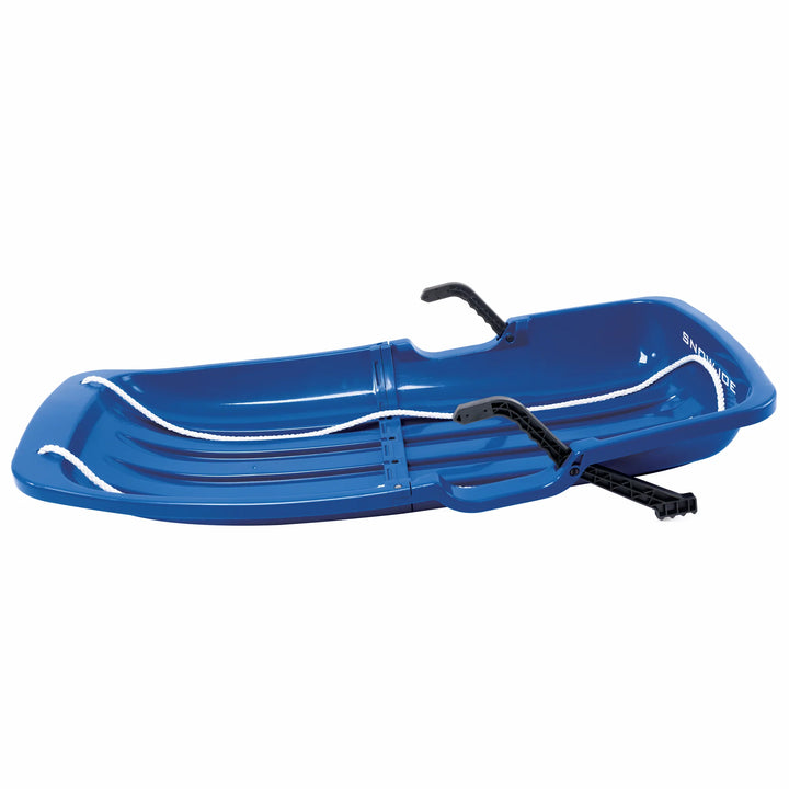 Snow Joe Plastic Snow Sled, 48” Sledding Toboggan Board w/ Handles & Rope, Blue